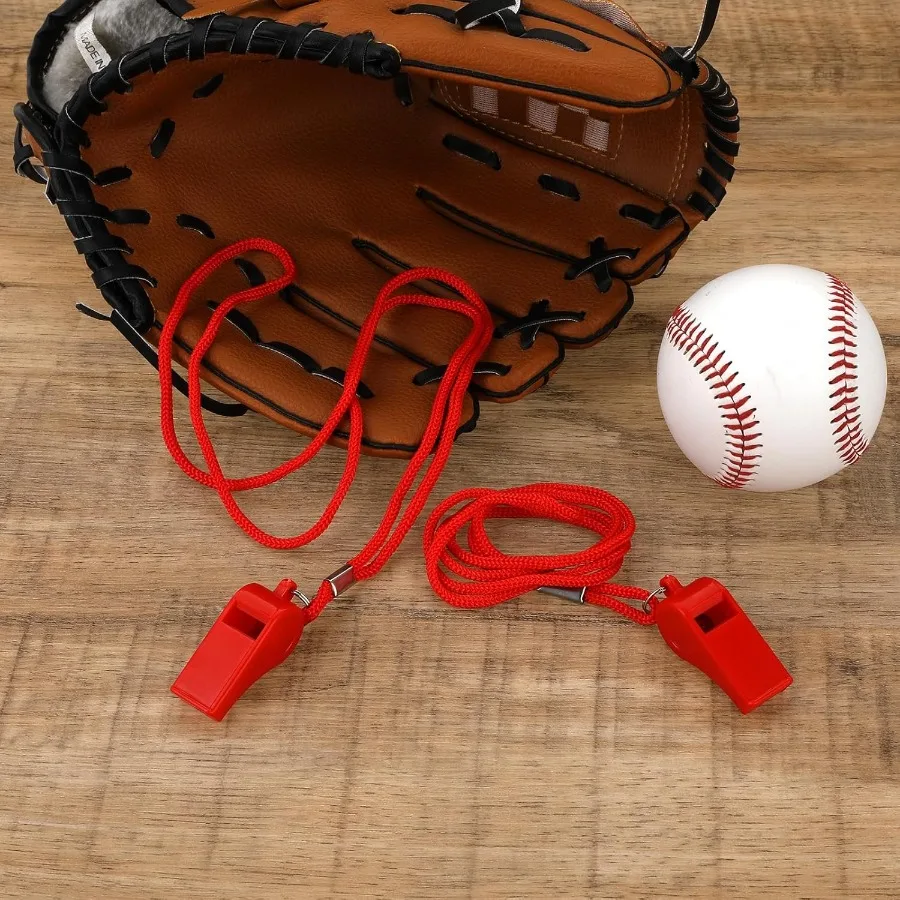 صفارة مكونة من قطعتين من صفارات المدرب مع صفارات بلاستيكية بحبل للبالغين صفارات حمراء شفافة بصوت عالٍ صفارة Eme