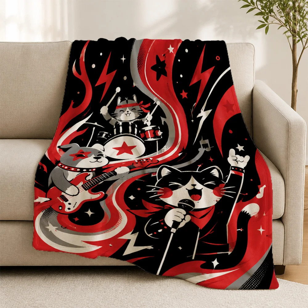 Retro Cat Band Rock Concert Sofa Throw Blanket Couch Decor Aesthetic Vintage Music Lover Pop Culture Gift for Animals Home Accen
