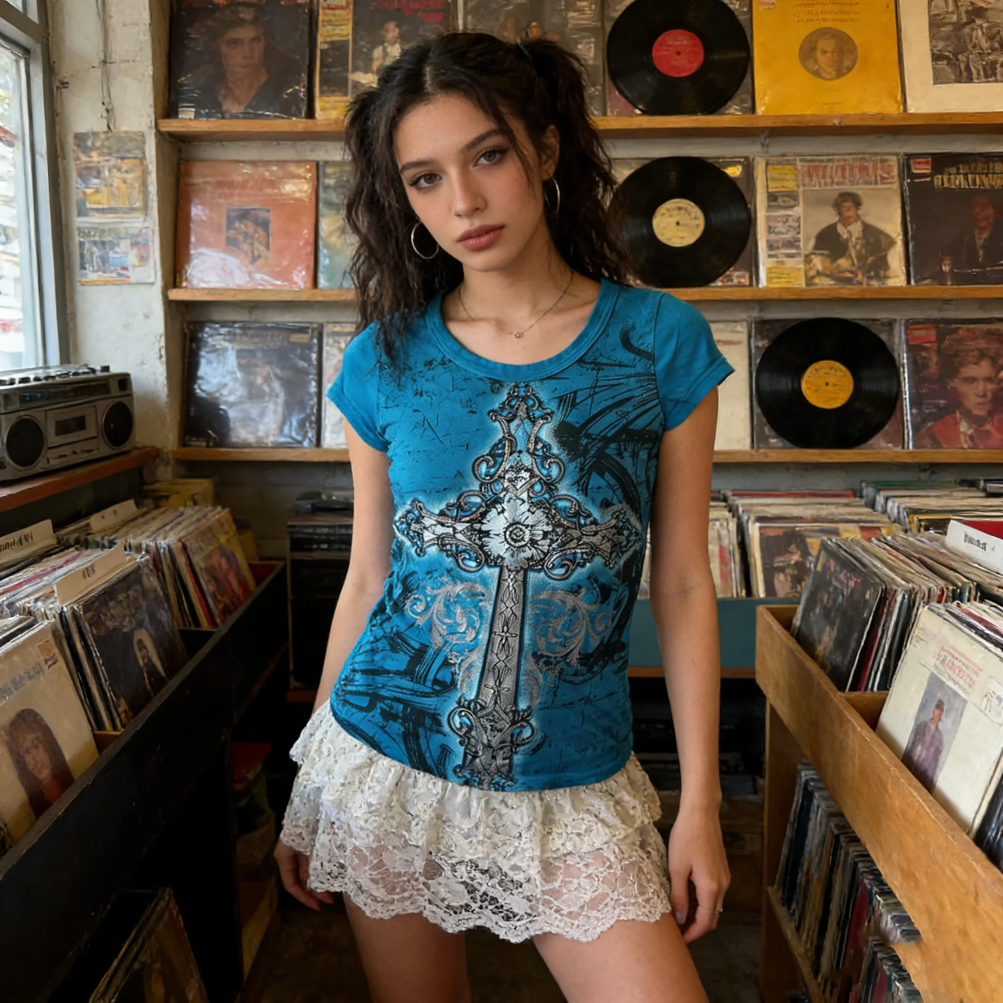Amerikanischer Stil Dunkles Retro-Design Distressed Tailliertes Punk-Rock Kurzarm-T-Shirt mit Zehn-Charakter-Aufdruck