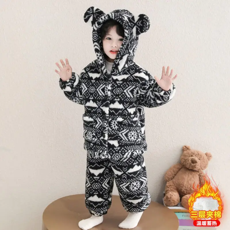 الشتاء القطن وسادة مبطنة السراويل قطعتين مجموعة الصبي هوديي القمم الطفل Kawaii موضة جديدة نمط ملابس منزلية غير رسمية منامة الملابس