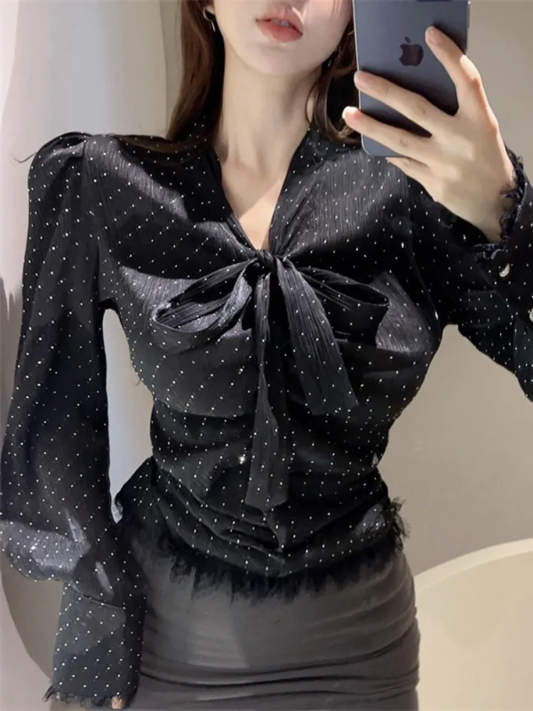 

Heavy Embroidery Lace Long Sleeve Shirt Women's Fashionable Versatile Design Knot Elegant Top Spring Seasonal Wear