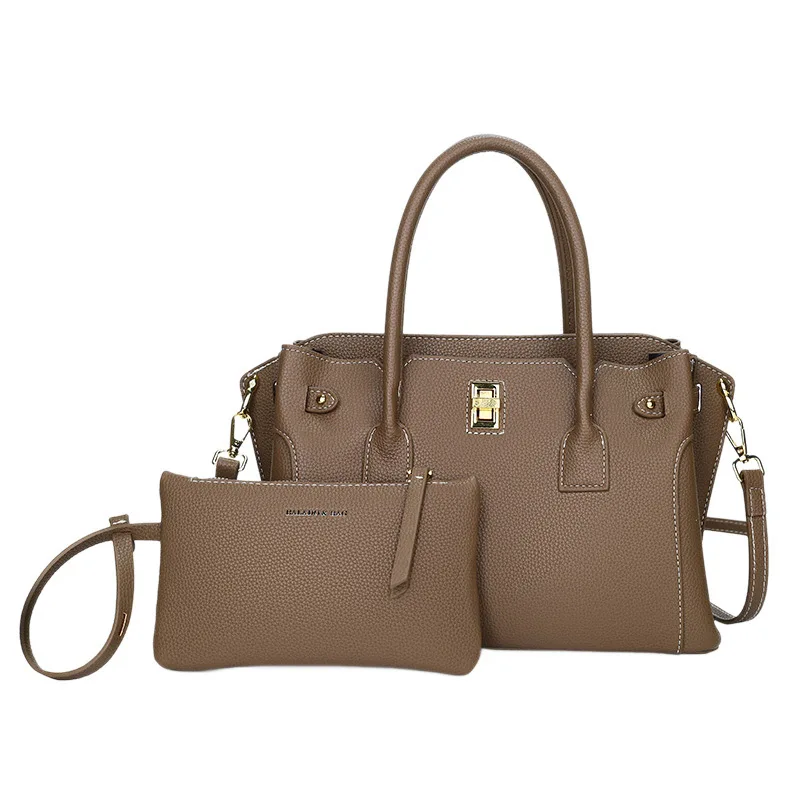 

Luxury Commuter Tote Bag Simple Ladies Soft Leather 2in1 Tote Long Strap Shoulder Handbag Large Capacity Women Lock Bucket Bag