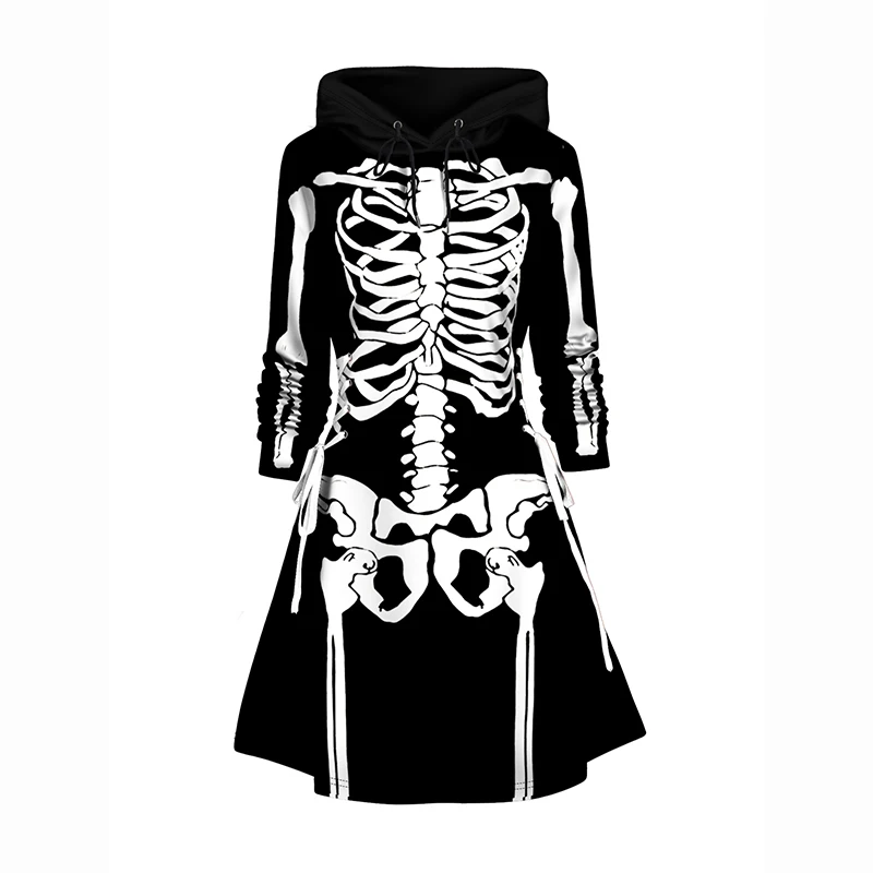 Dressfo 2024 New Women\'s Halloween Hooded Dresses Skeleton Print Colorblock Hoodie Dress Lace Up A Line Mini Dress