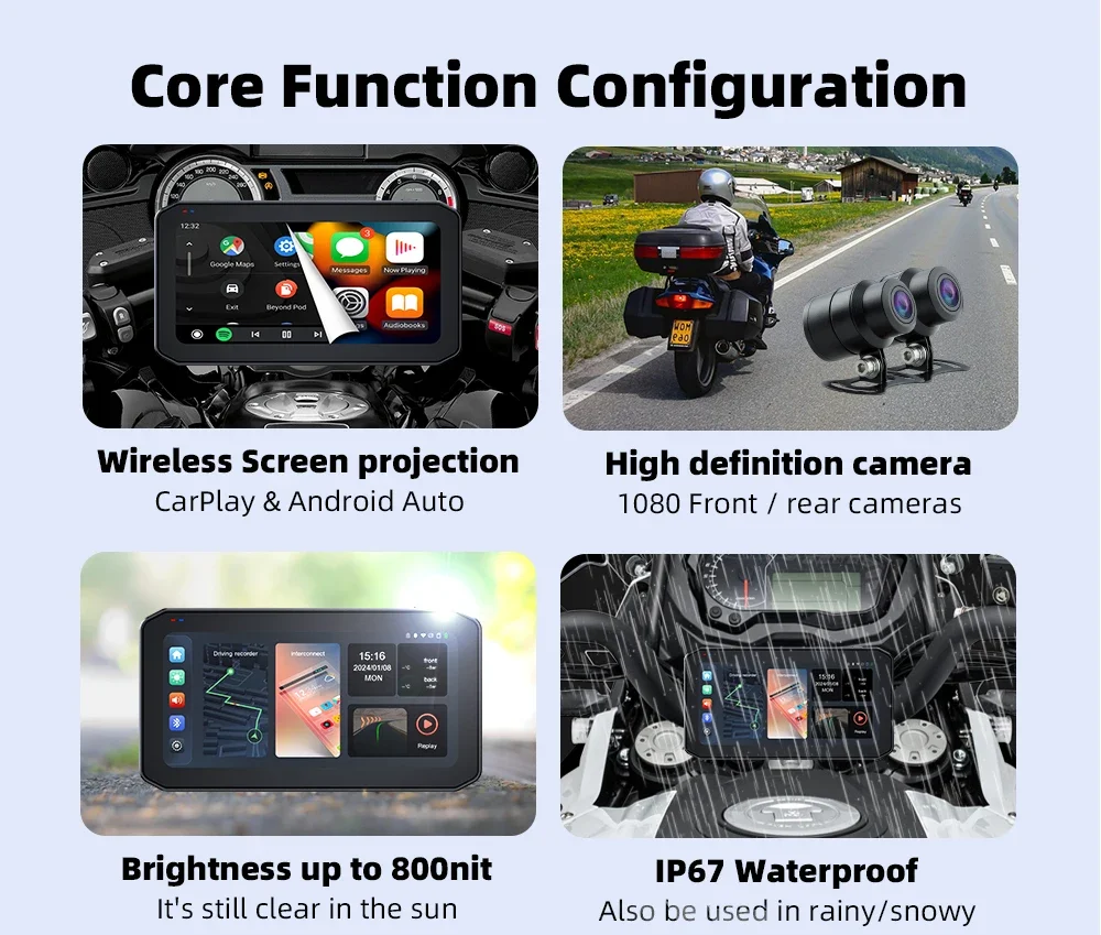 6.25\" HD Wireless CarPlay Screen for Motorbikes Android Auto with Two Cameras DVR Tire Pressure TMPS BSD-Motorcycle Accessories