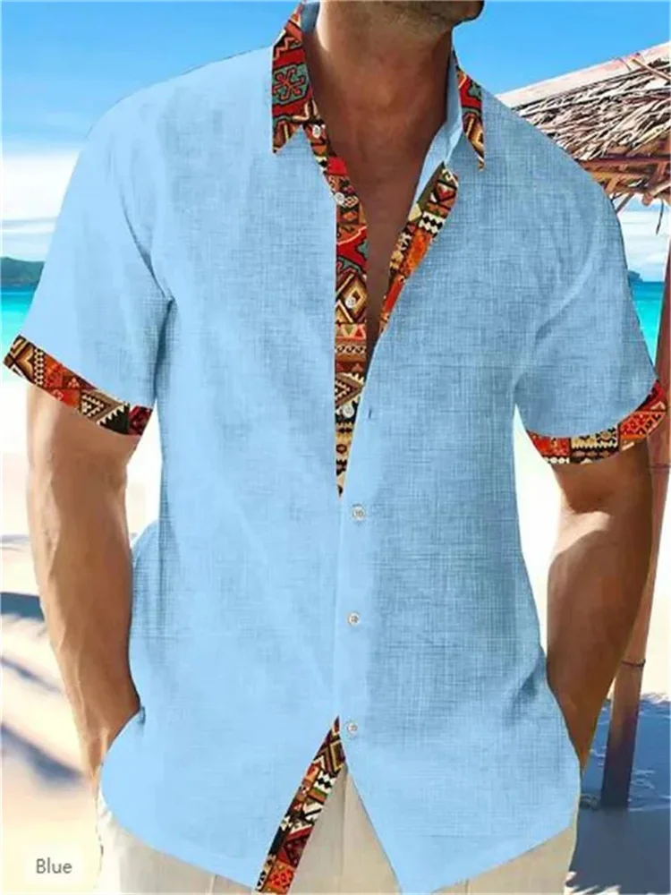 2025 New Summer Men's Hawaiian Linen Shirt Men's Casual Linen 3D Printed Beach Pocket Short Sleeve Plus Size Top Fast Shipping.