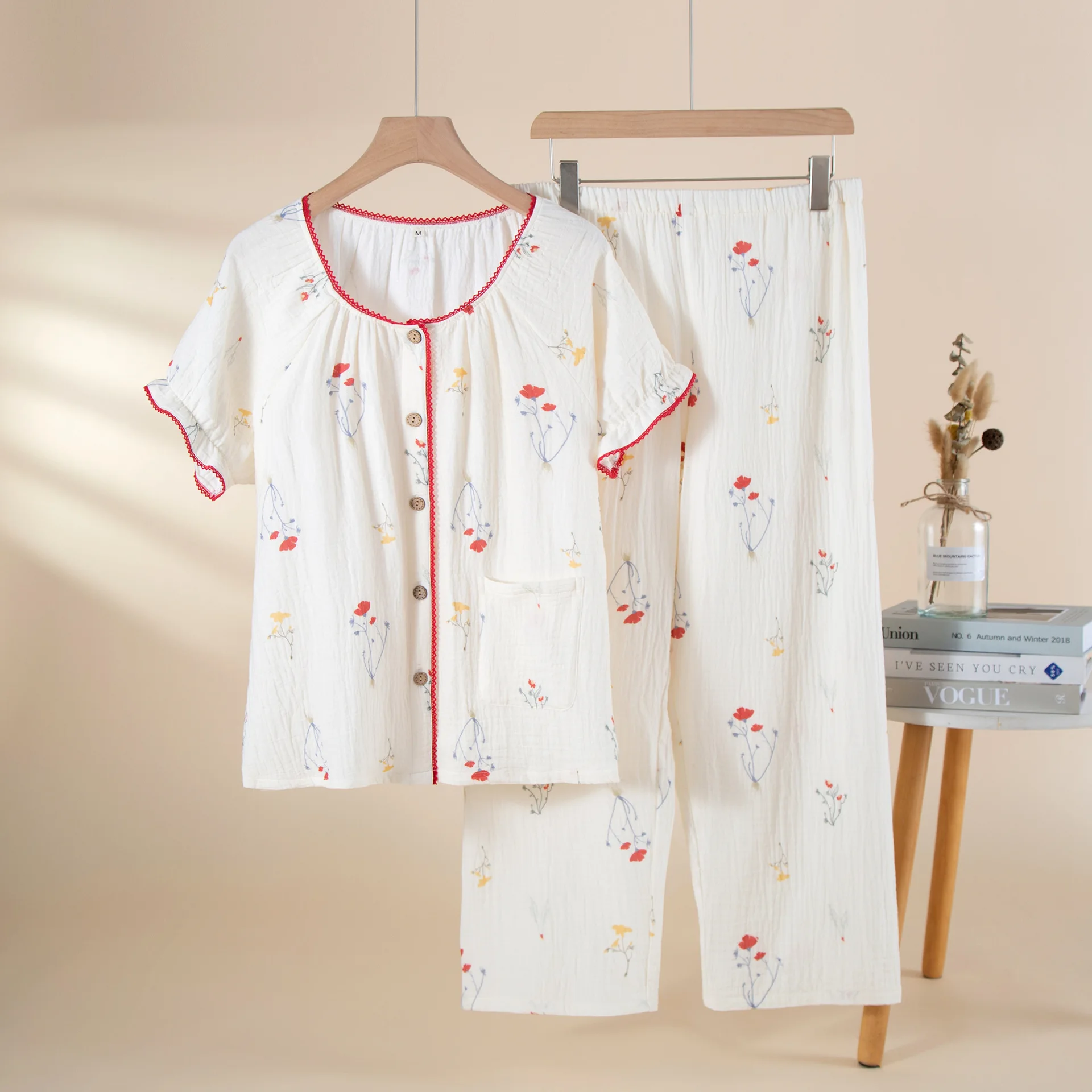 

2026 Spring & Summer Women's Sleepwear Set - Short Sleeve + Pants Two-Piece Cotton Chinese Style Elegant Home Wear