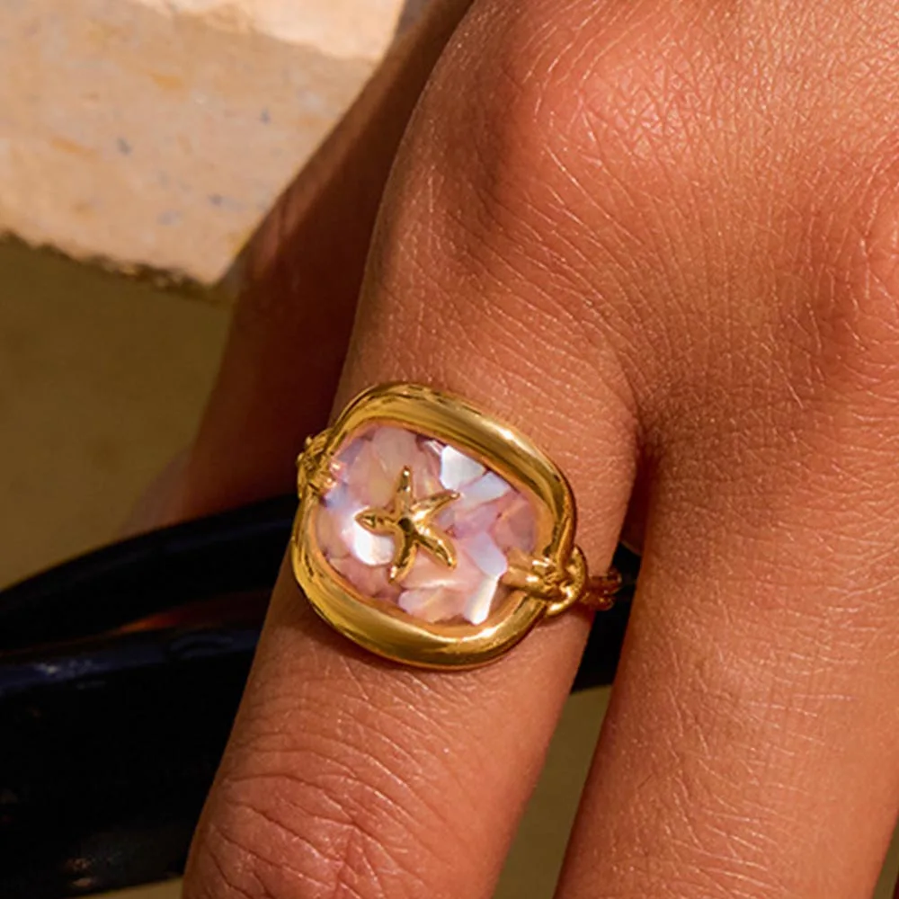 

YHTOT Fashion Star Pink Gravel Ring Stainless Steel Stackable Ocean Vacation Ring Women's Party