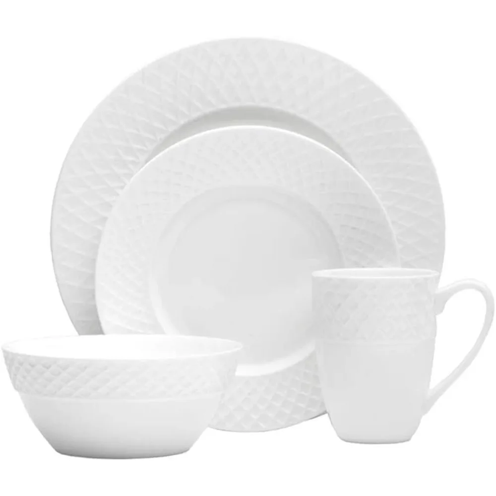 

Mikasa Trellis Bone China 16-Piece Dinnerware Set, Service for 4, White Lightweight Porcelain with Textured Design, Chip-Resista