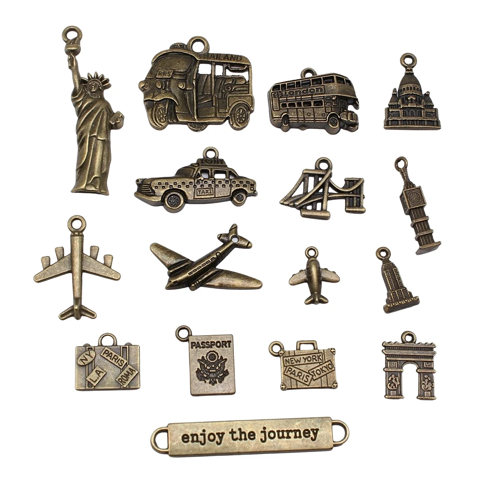 10 sztuk Vintage kolor brązowy podróż podróż samolot paszport kufer Charms tworzenia biżuterii na naszyjnik bransoletka brelok do kluczy