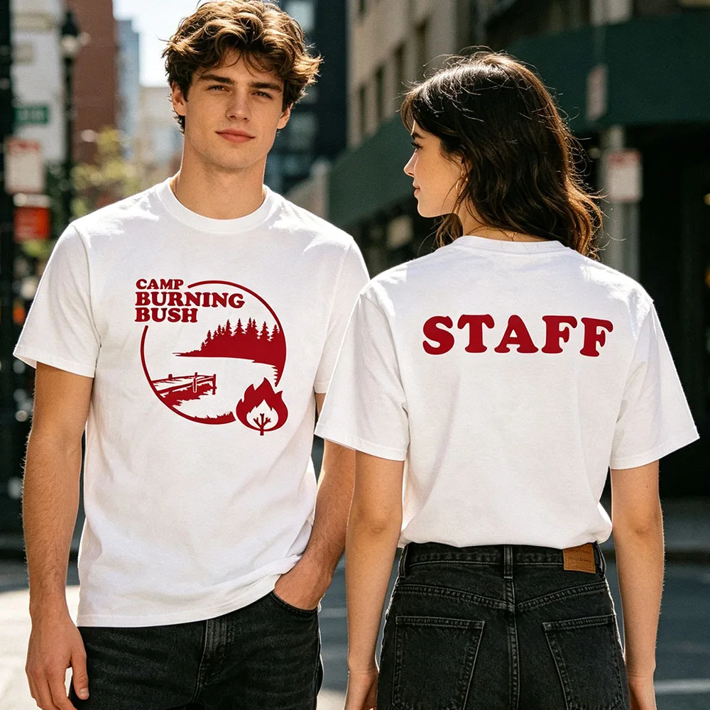 Film Bad Counselors Print T-shirt Camp Burning Bush STAFF Tees Cotton Soft Short Sleeve Female Tshirts O-neck Fashion Unisex Top