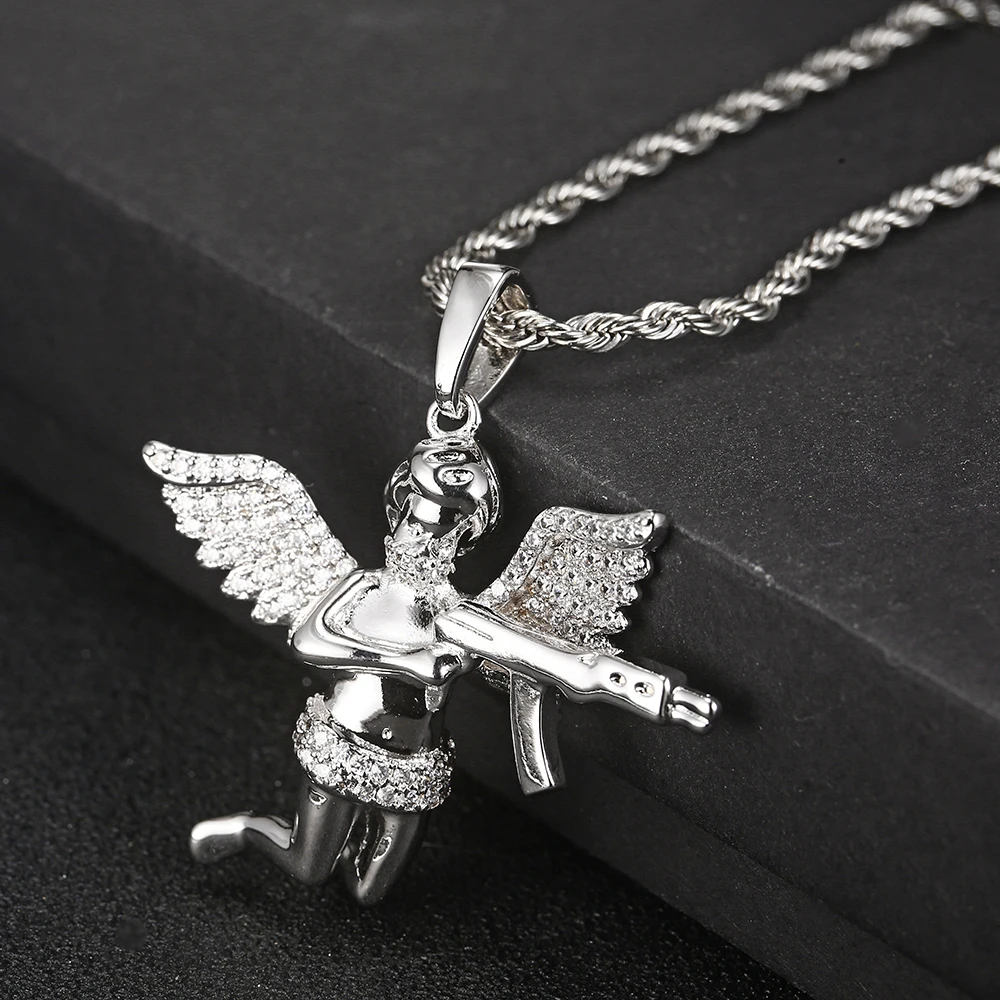 Hip Hop Rapper Punk New Trend Iced Out Angel With Gun Diamond Jewelry  Vengeance Angel Wing Pendant Choker Necklace Women Gift