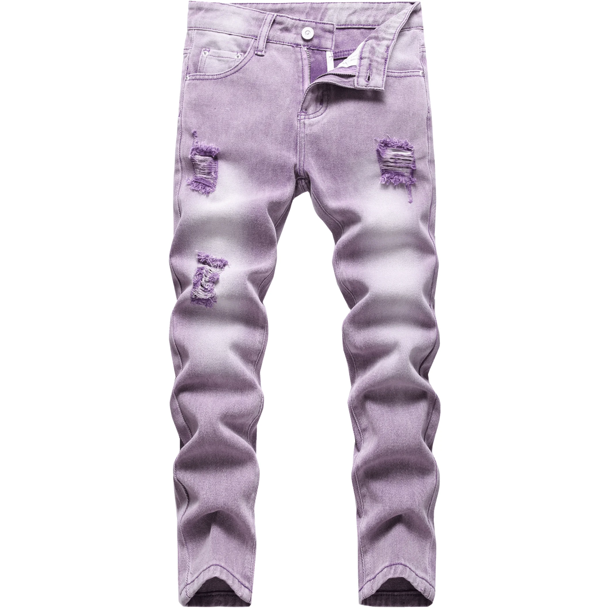 

Boy's Ripped Jeans Skinny Fit Destroyed Distressed Fashion Kids Purple Denim Jean Pants