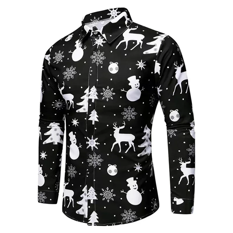 3D Printed Santa Claus Horse Hawaiian Shirts Men Christmas Decorations Pattern Aloha Shirts Loose Long Sleeve Lapel Tops Blouse