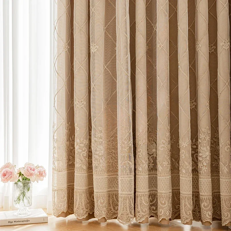 

French Blackout Curtains for Bedroom Living Room Luxury Double-layer Curtains with Gauze Insulation and Sun Protection Cream