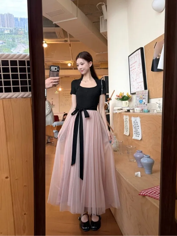 

plus Size Slimming Ballet Style Patchwork Short Sleeve Long Dress with Belt High Waist A-Line Skirt Korean Commute Style Wome...