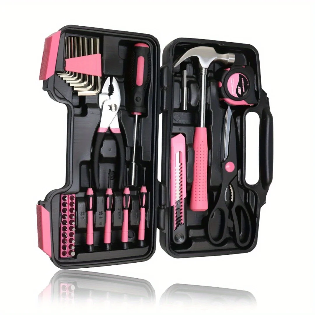 39pcs/Set Pink/Red Color Car Auto Pink Tool Tape Measure Claw Hammer Hex Key Scissors Household Repair Kit Box Mechanics Parts