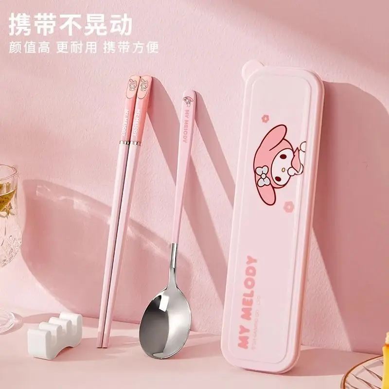 Anime Cartoon Kawaii Sanrio 2026 Hello Kitty Melody Cinnamoroll Portable Student Tableware Suit Stainless Steel Chopsticks Spoon view 4