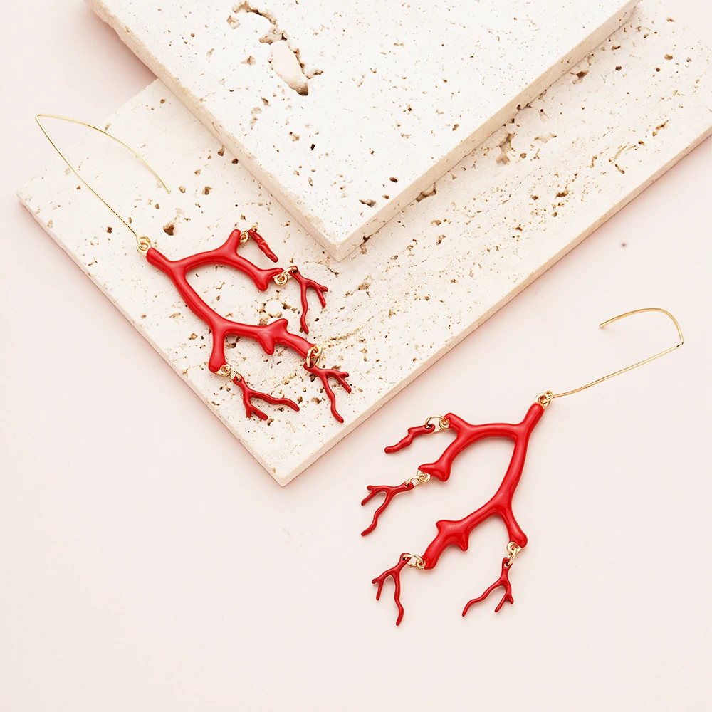 Red Enamel Coral Tree Earrings Antlers Acrylic Resin Dangle Girl Fashion Jewelry Christmas Gift Women Accessories