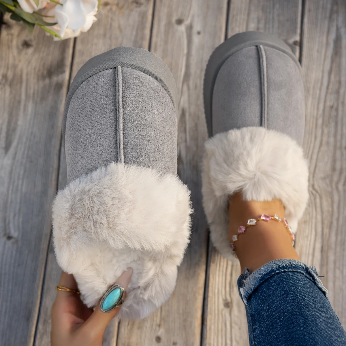 2025 New Women Ankle Boots Thickened Fluff House Shoes Women Trend Casual Short Boots Women Solid Color Slip on Furry Slippers
