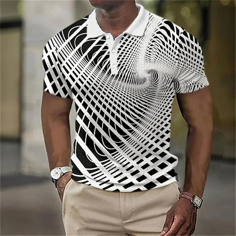 3D Printed Optical Illusion Polo Shirt Men Rainbow Stripes Graphic Short Sleeves Summer T Shirts Top Casual Breathable Lapel Tee