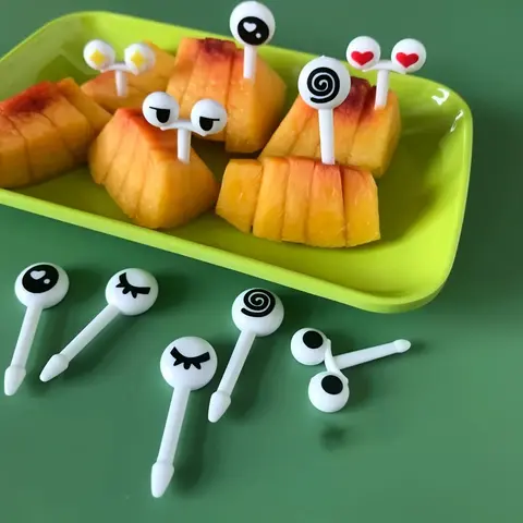 10 st/set Mini Eye Cartoon Expression Fruktgaffel Plast Frukttandpetare För Barn Ofarlig 10 best sales plastgaffel - №9