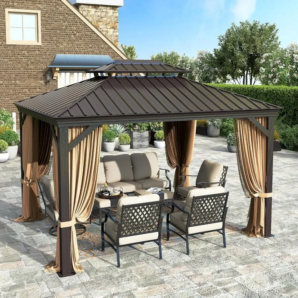 

10x12Hardtop Gazebo,with Curtains and Netting,Metal Pavilion for Deck, Backyard, Garden,Outdoor Heavy Duty Aluminum Frame Canopy