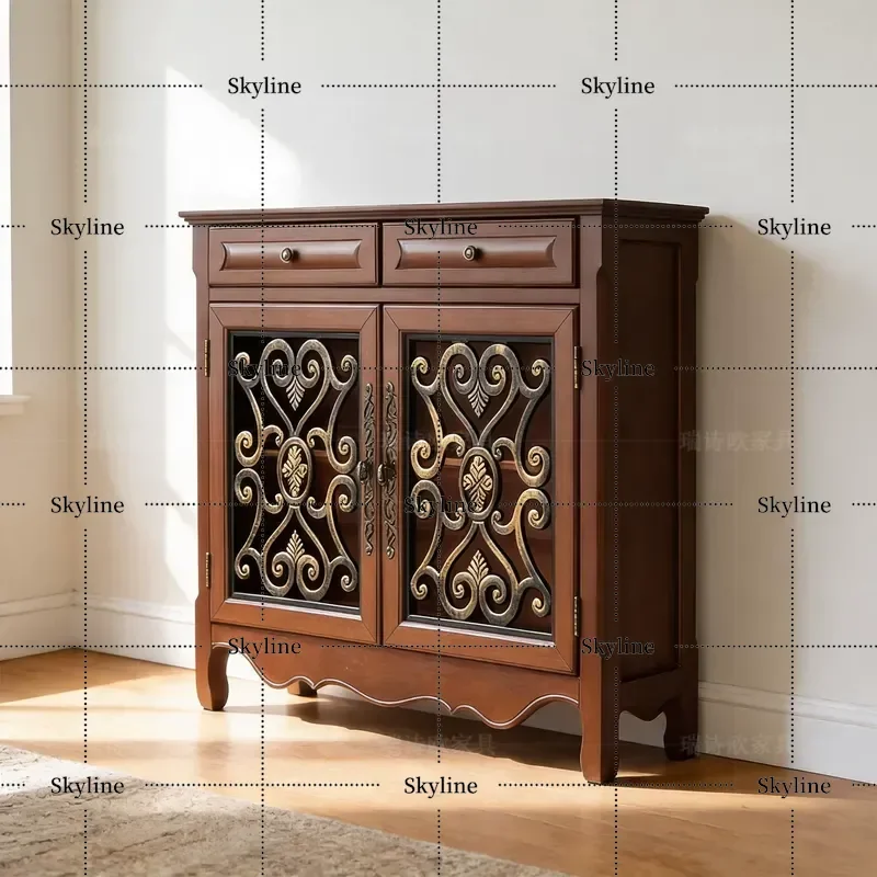 for American Country European Mediterranean Style Solid Wood Retro Integrated Dining Side Cabinet Storage Living Room Porch