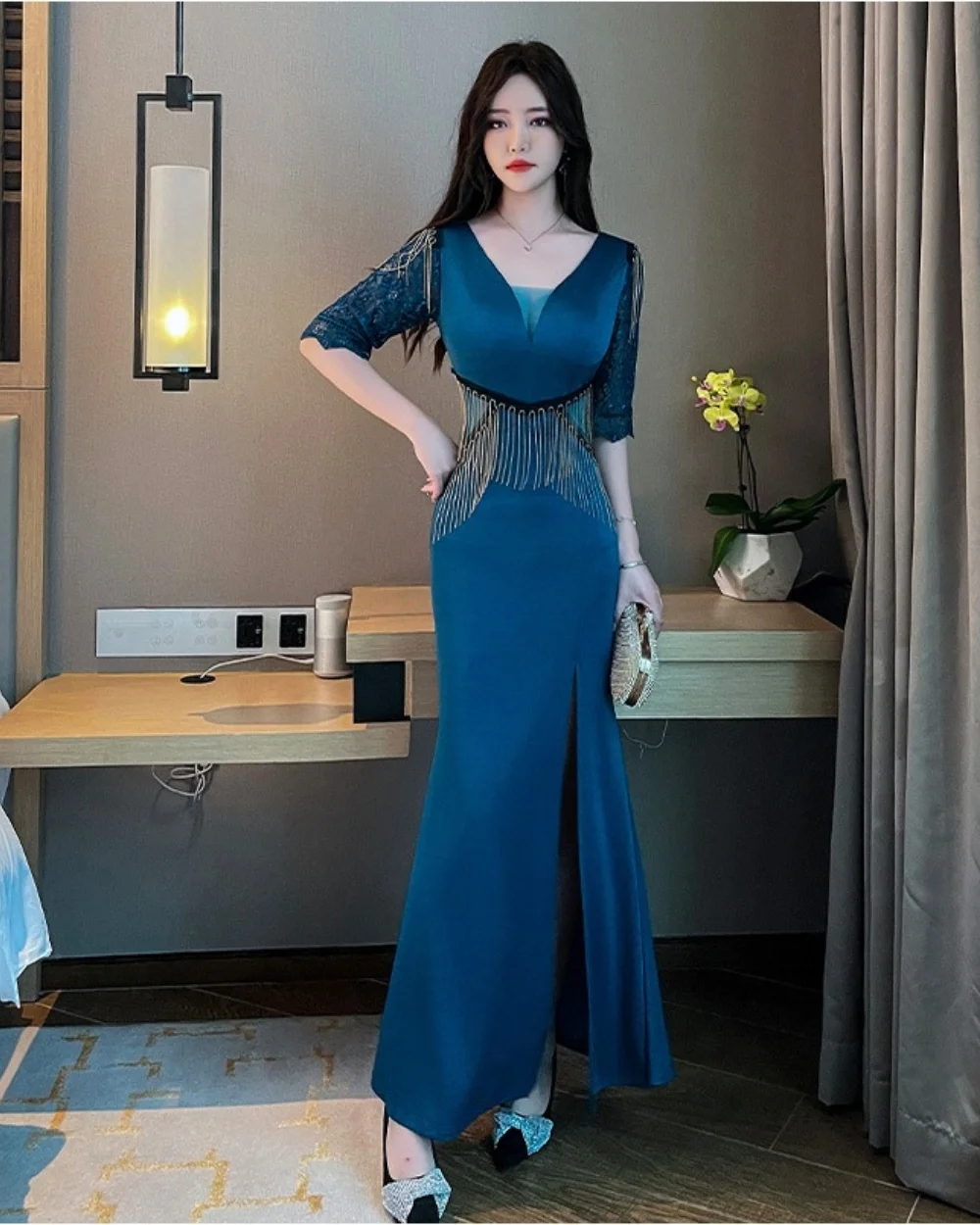 Women's French Shiny Silky High Waist Evening Gowns Sexy Slim High Split Dress Party Long Dresses