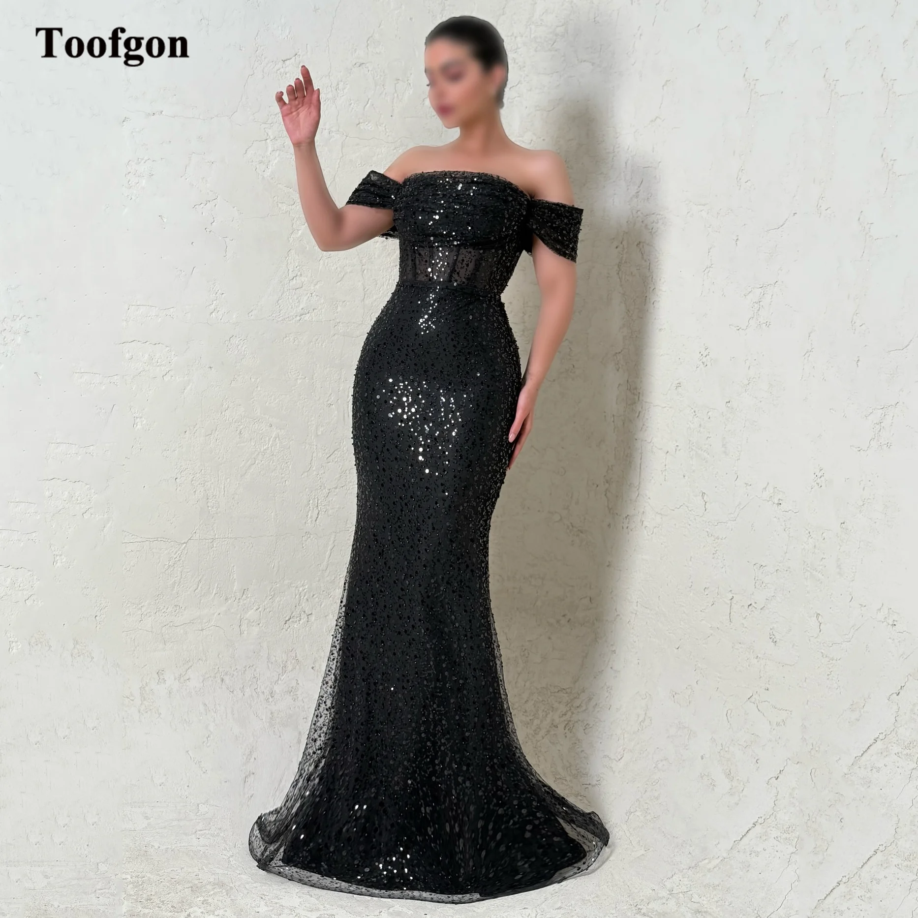 

Toofgon Black Sequines Customized Evening Dresses Long Mermaid Off The Shoulder Lace Up Prom Dress Women's Formal Party Gowns