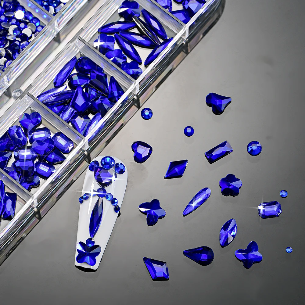 12 Grids Sapphire Blue Flat Nail Art Rhinestones Multi-Shaped Christmas Crystal Glass Gems Nail Charms DIY Manicure Decoration