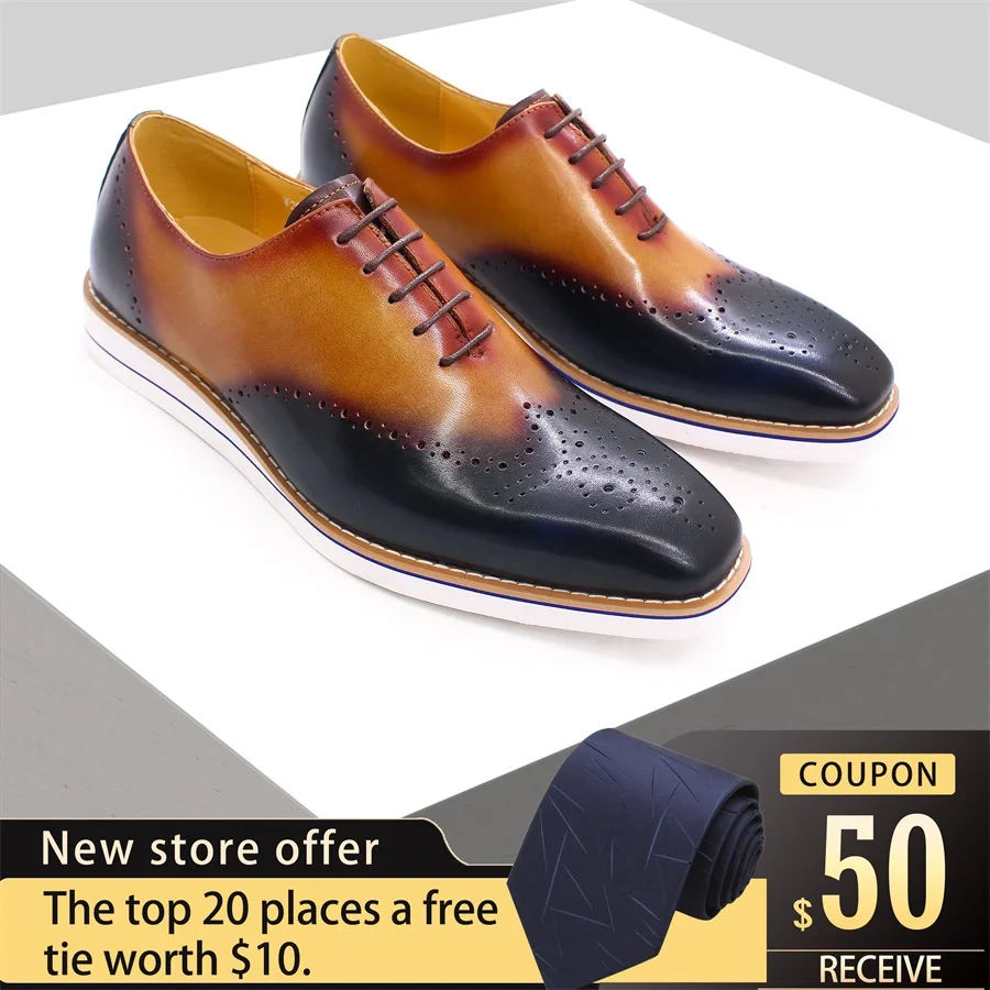 

Men's Genuine Leather Shoes High-end Comfortable Broch Handmade Mixed Color Casual Shoes Banquet Men's Formal Leather Shoes