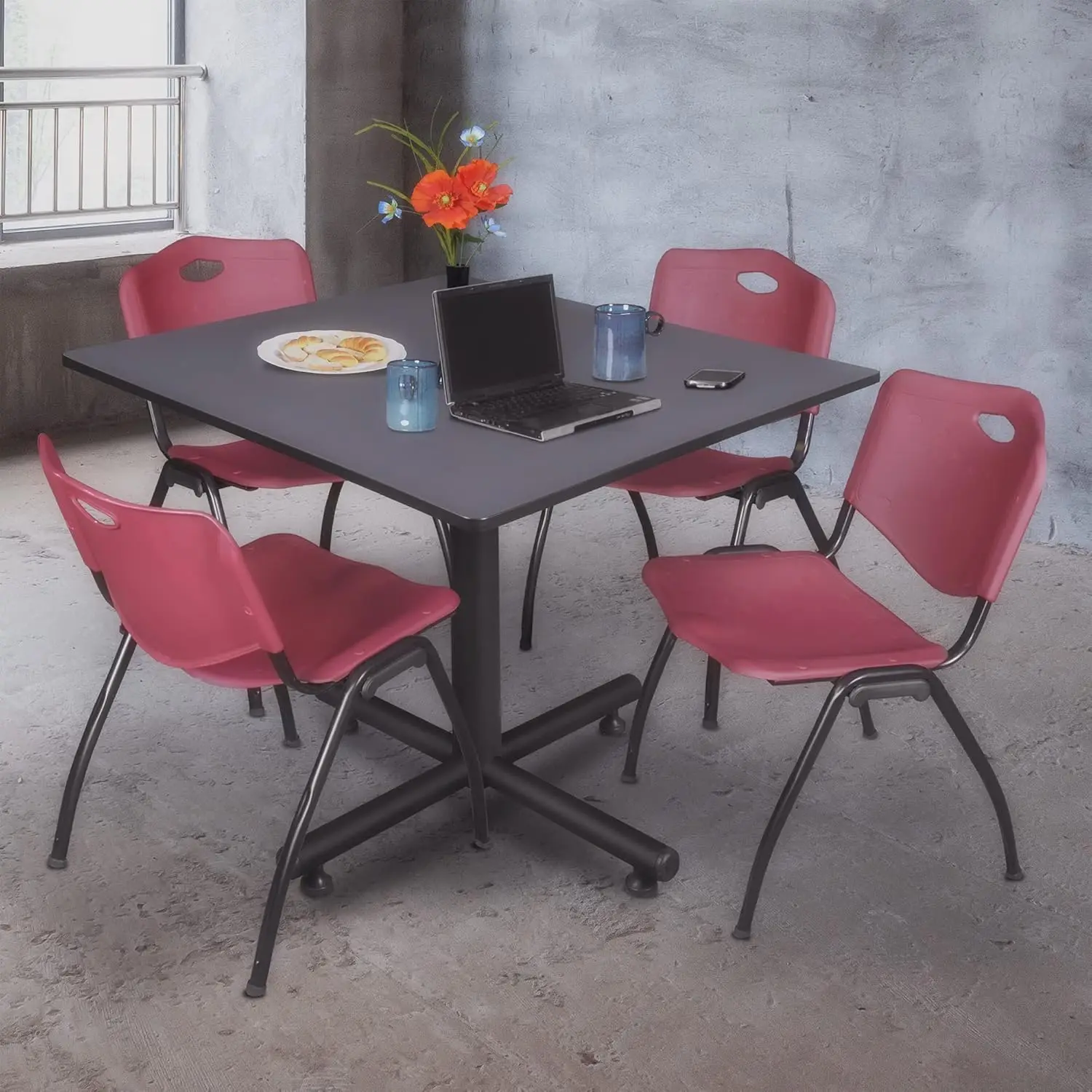 Kobe 48-Inch Square Breakroom Table, Grey, And 4 M Stack Chairs, Burgundy