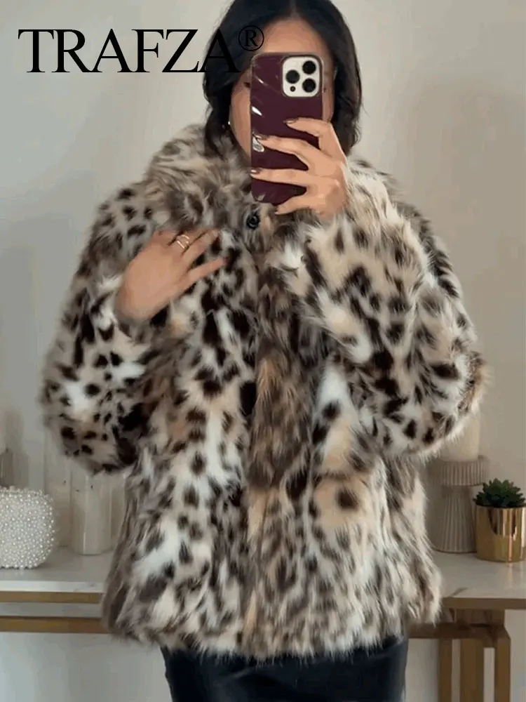 TRAFZA Winter Woman Leopard Print Faux Fur Coat Lapel Long Sleeves Loose Cardigan Top Female Elegant Street Women\'s Warm Coats