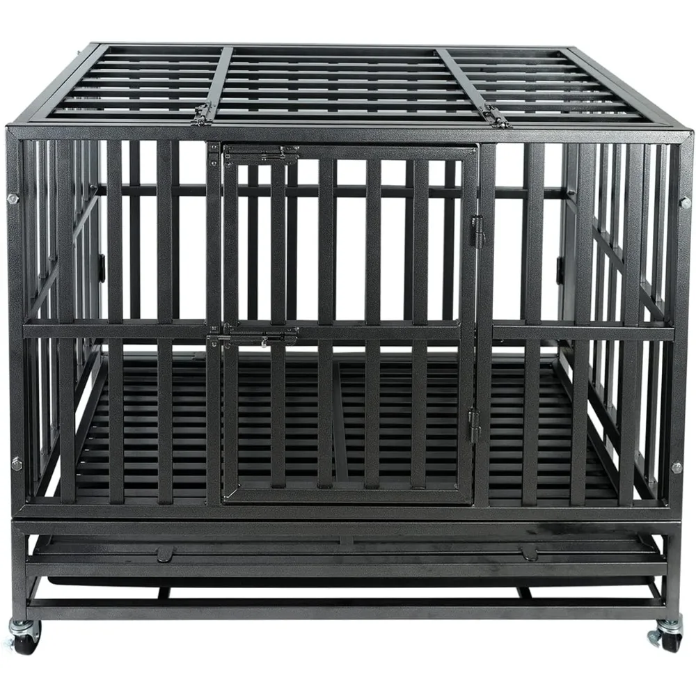 37Inch Heavy Duty Dog Kennel Strong Metal Dog Cage Pet Crate for Medium and Large Dogs with Four Lockable Wheels,Removeable Tray