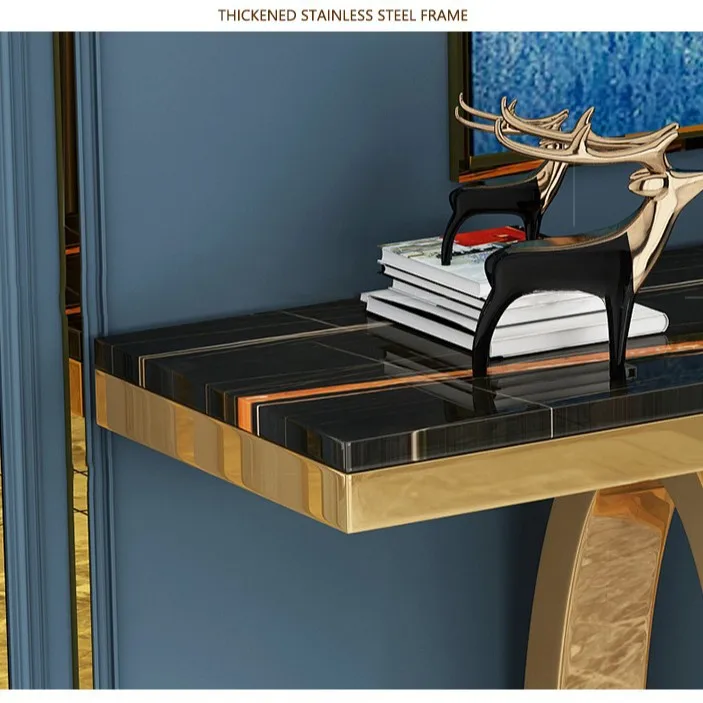 Light luxury slate entryway, stainless steel titanium marble entryway, modern and simple slate entryway, table end view