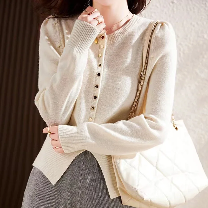 2023 Autumn New slim chic single-breasted split long sleeve wool fashion short temperammed knitted cardigan women