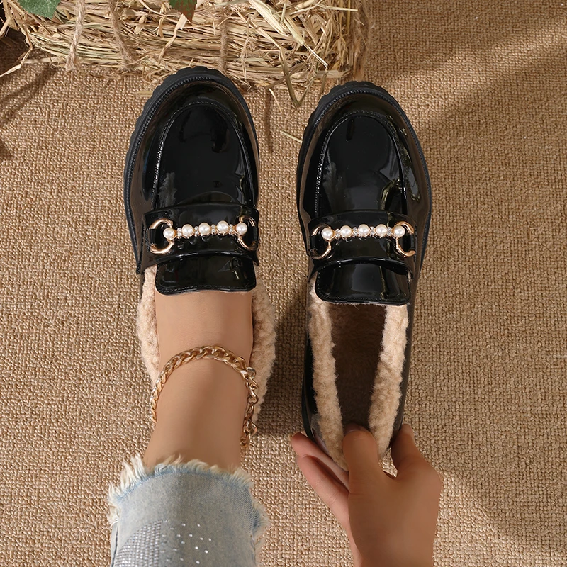 

​​2025 New Women's British Style Loafers - Platform Pearl-Embellished Slip-On Flats with Faux Fur Lining, Warm Winter Shoes