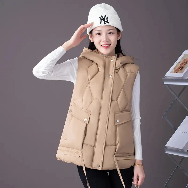 2024 New Autumn Winter Women Puffer Parkas Vest Fashion Warm Black Hooded Down Coat Parka Ladies Sleeveless Waistcoats