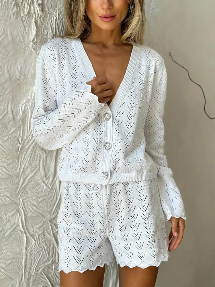 Women'S Summer Knited 2 Two Pieces Sets Suit Hollow Out Long Sleeve Single Breasted Tops And Shorts Pants Beach Holiday