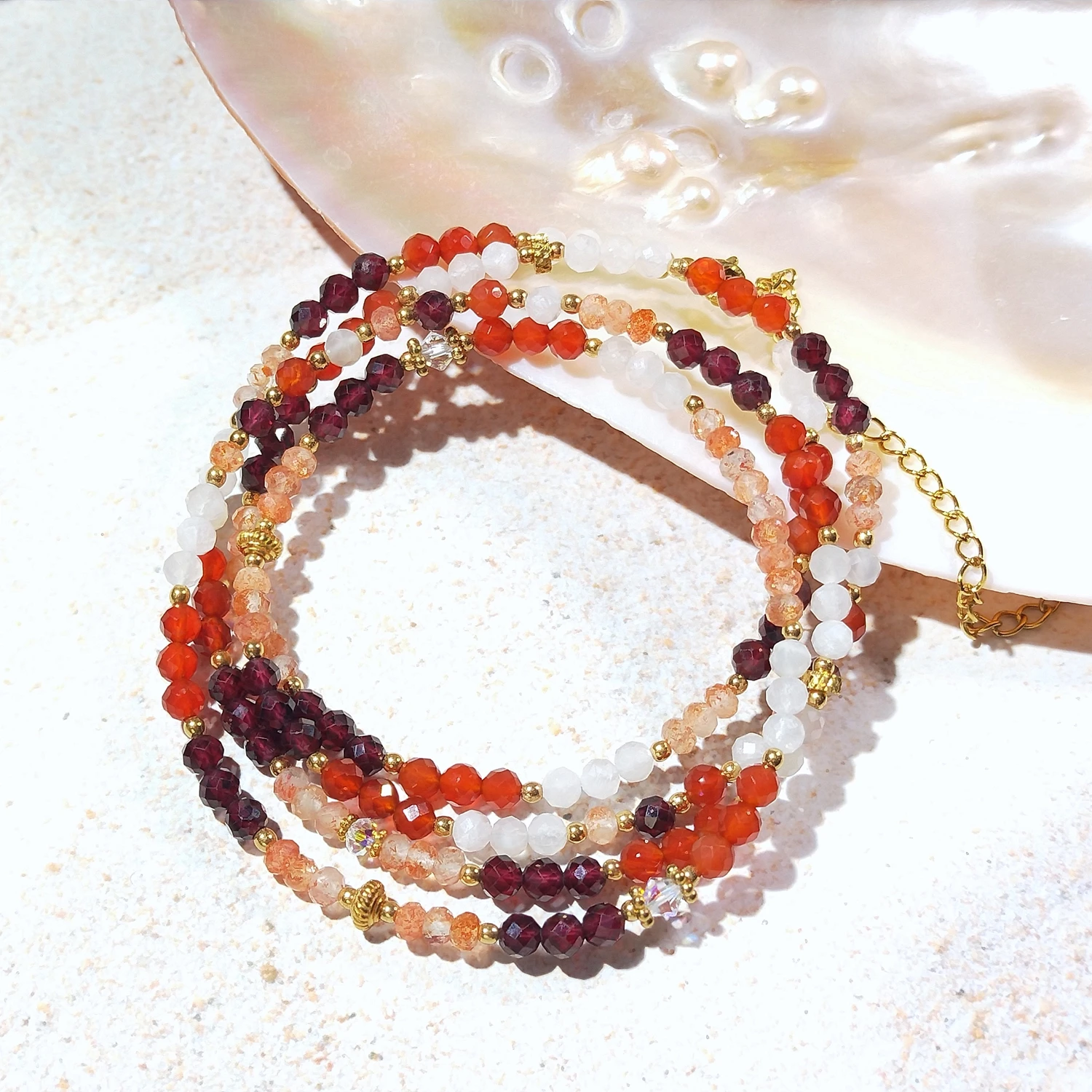 

Lii Ji Sunstone сердолик гранат Moonston 4 мм нержавеющая сталь позолоченная поясная цепочка 79 + 9 см длинное ожерелье из натурального камня ювелирные изделия