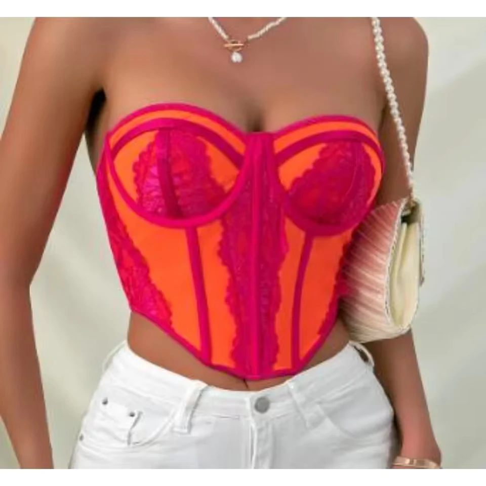 

Hotsweet Sleeveless Sexy Strapless Backless Fashion Patchwork Lace Chic Slim Tank Top Beach Vacation High Street Women Clothing