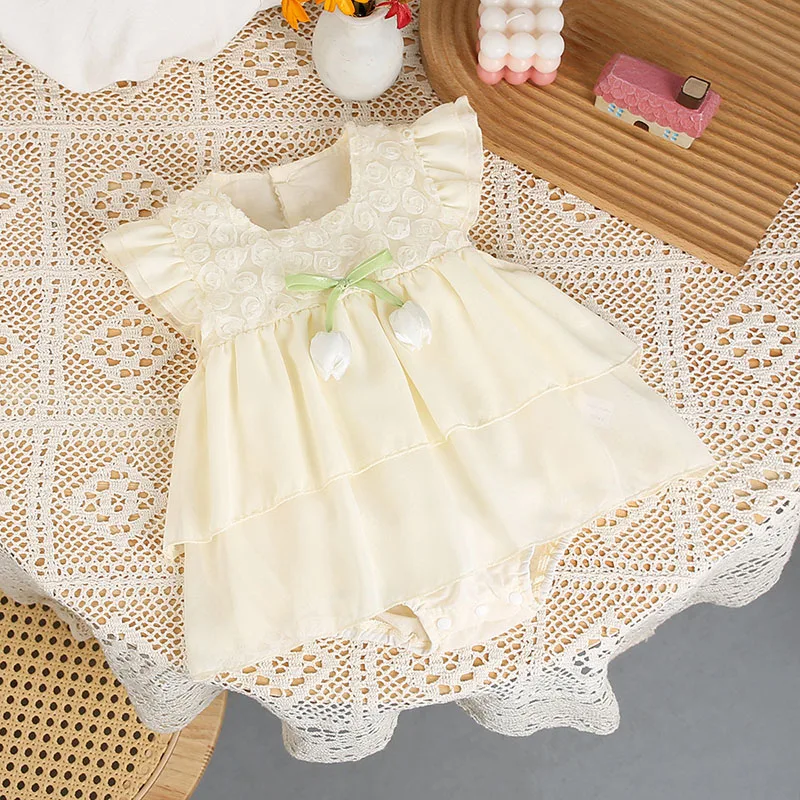 MILANCEL New Summer Girls Sweet Floral Dress Baby Cute Beige Tulip Flying Sleeve Bodysuit Infant Thin Style One Piece