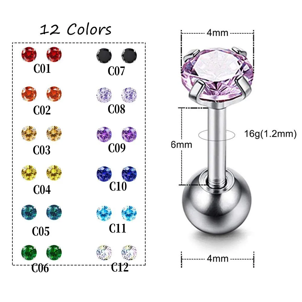12 Pairs CZ Ear Stud Mixed Colors Cartilage Earrings Set Stainless Steel Barbell Studs Earrings Helix Tragus Piercing