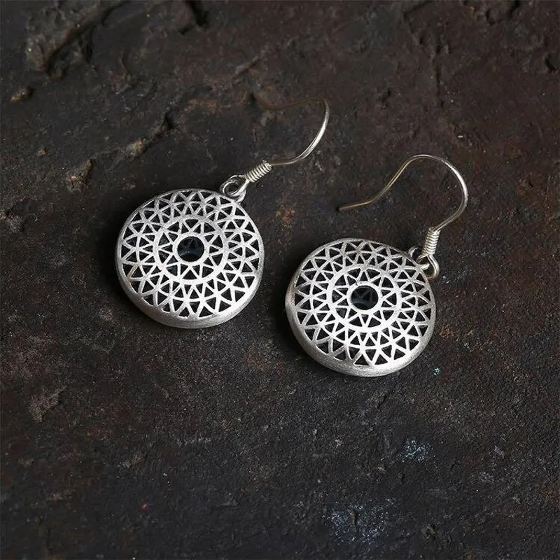 S925 silver retro personalized hollow out wholesale of ethnic style women's earrings