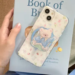 Magnetic drawing illustration teddy bear phone case with holder For iPhone 11 12 13 14 15 16 pro max