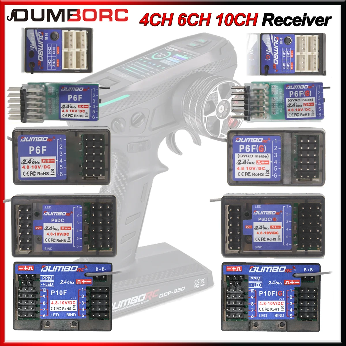 DUMBORC P6FG X10FG P6DC X4FMG MINI 4CH 6CH 10CH Odbiornik 4.8-10V z powrotem napięcia dla X6 DDF-350 Nadajnik RC Car Boat Tank