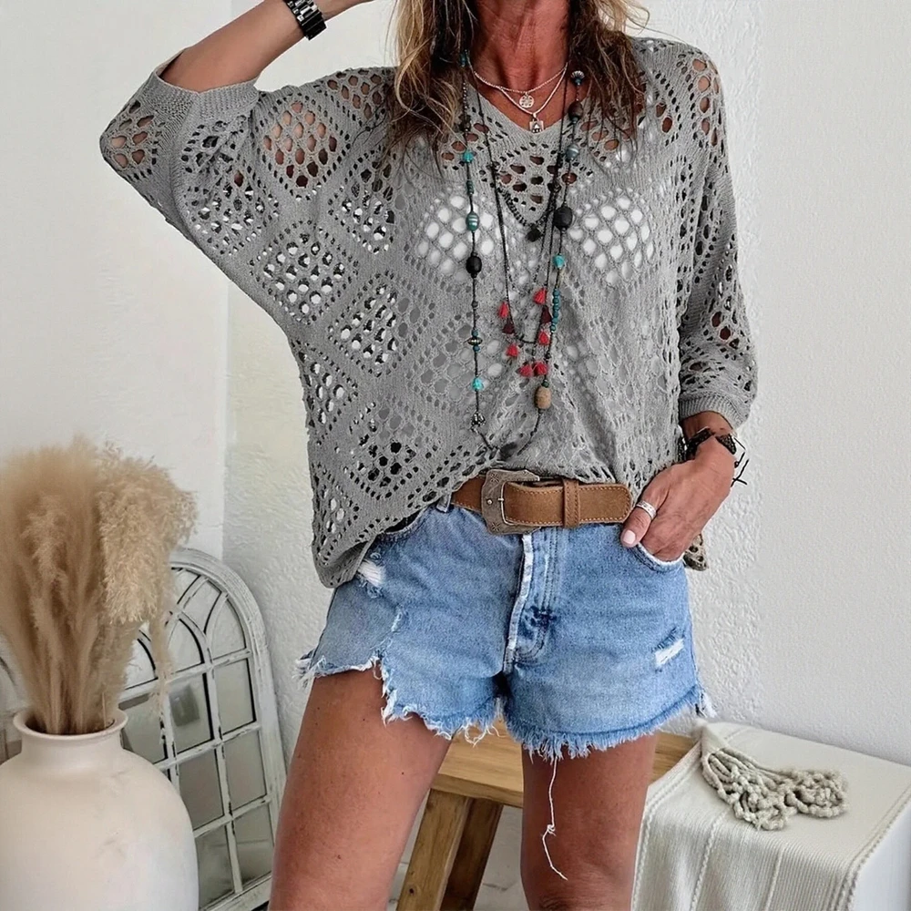 

Women's Casual Solid Color Sweater Long Sleeve round Neck Hollow out Design for Autumn Winter Vacation Daily Wear