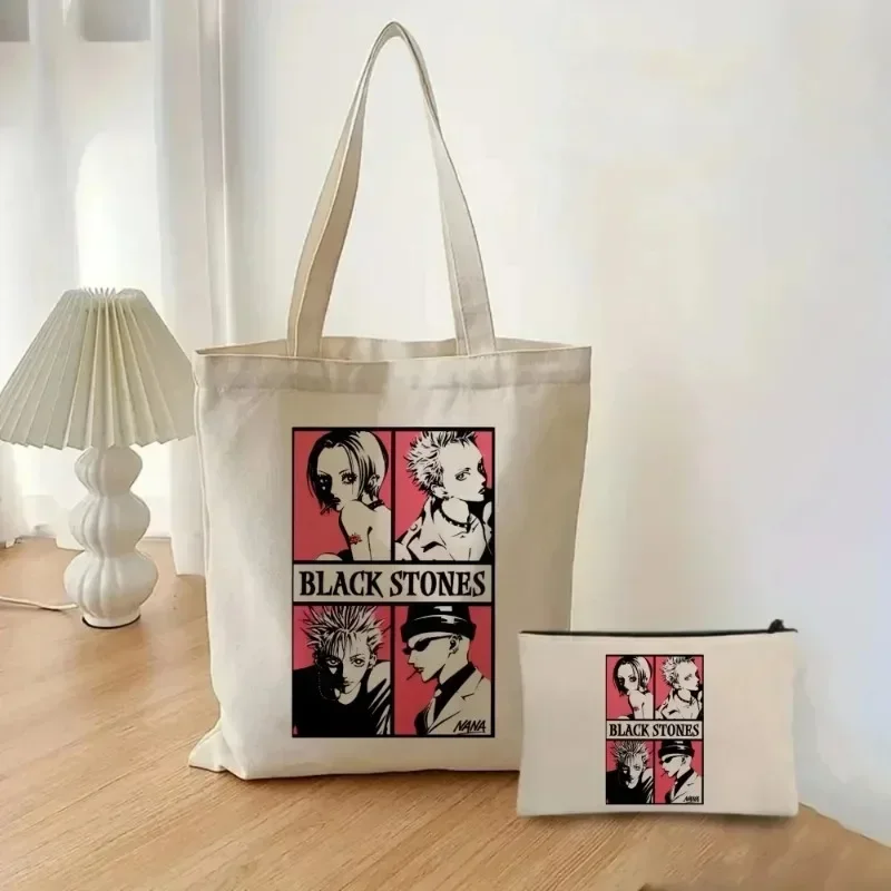 2Pcs Nana Anime Ladies Tote Cosmetic Bag Fashion Casual Black Stones Shoulder Bag Eco Large Capacity Travel Shopping Bag Wallet