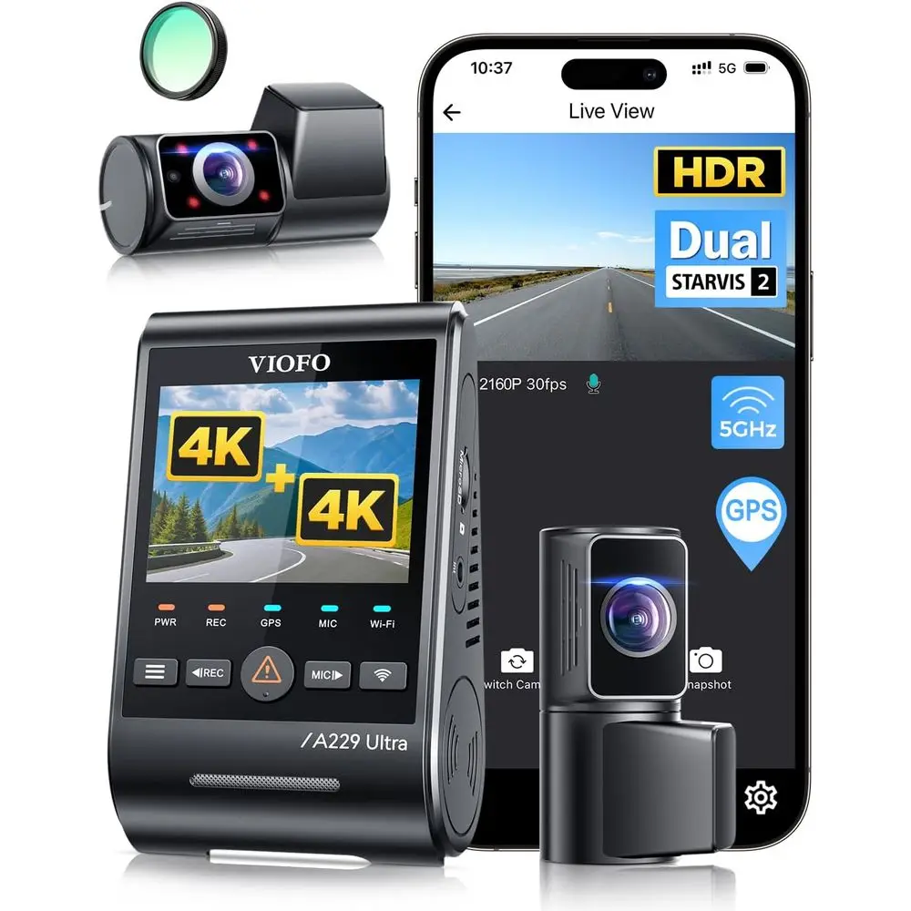 

A229 Ultra 3 Channel Cam, Dual 4K + 1080P, 210° isheye Cabin Car Camera, Triple STARVIS 2 Senswith Dual 4K HDR, aster 5GHz Wi-i