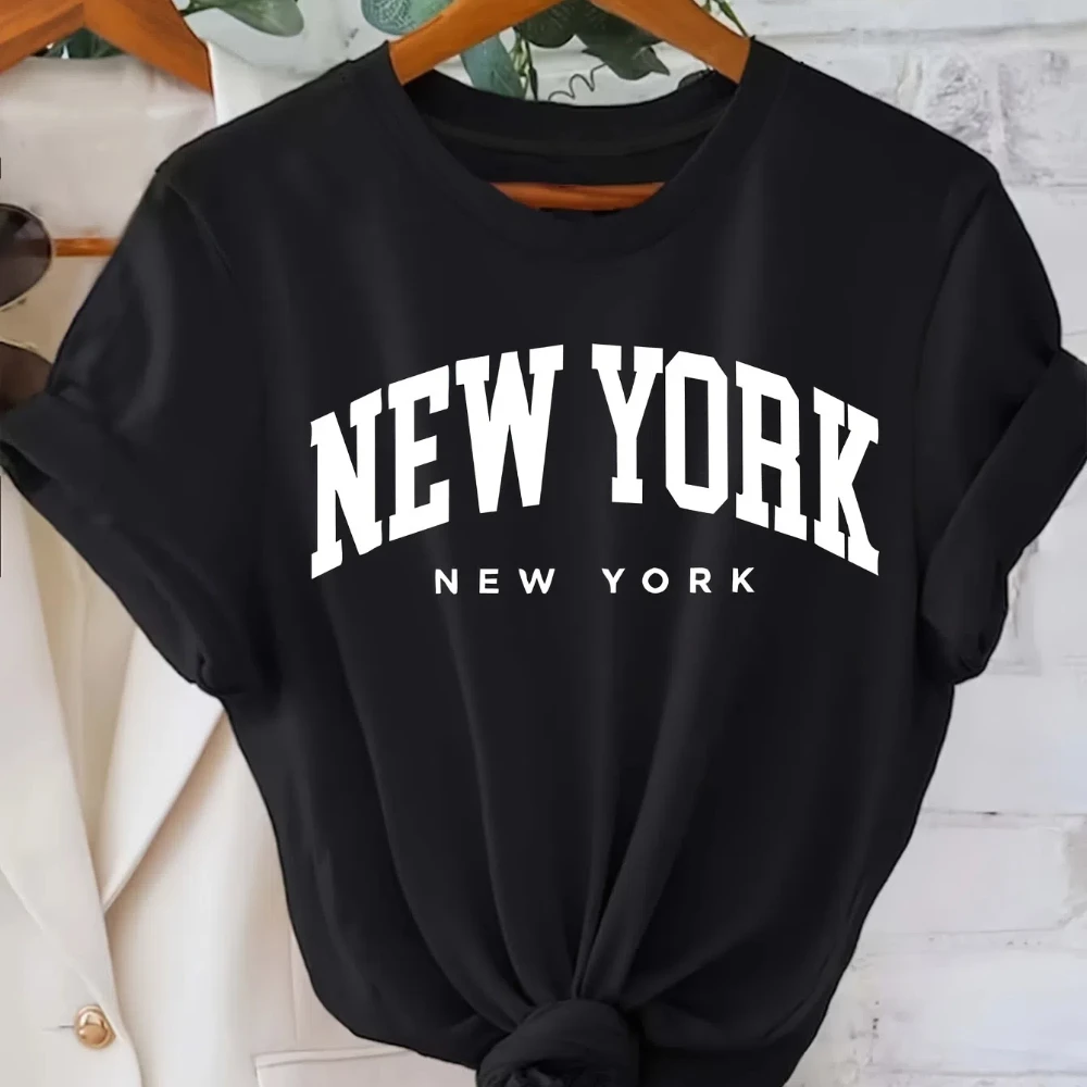 New York Letter Print Crew Neck T-Shirt Casual Short Sleeve Top for Spring & Summer Women's Clothing